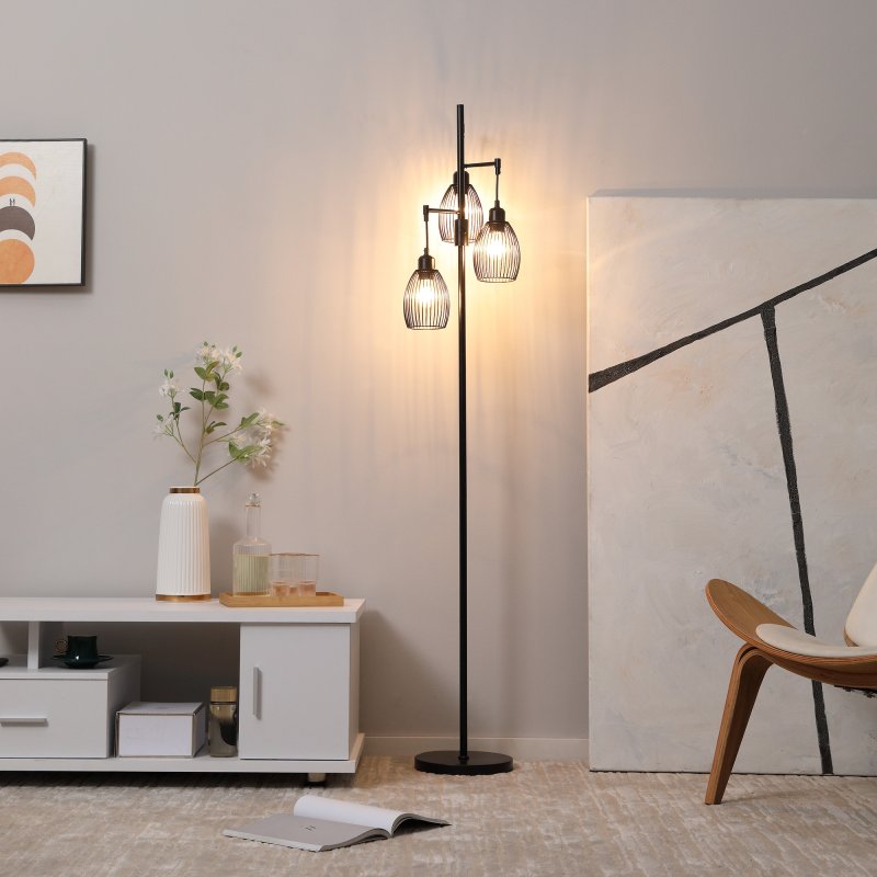HOMCOM 3-Light Floor Lamp, 170cm Industrial Dimmable Standing Lamp with Steel Wire Cage Lampshades for Living Room, Bedroom, Dining Room, Study, Black