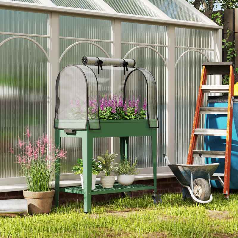 Outsunny Raised Garden Bed with Greenhouse Cover, Mobile Elevated Planter Box with Wheels and Bottom Shelf for Vegetables, Flowers, Herbs, 80 x 40 x 120cm, Green