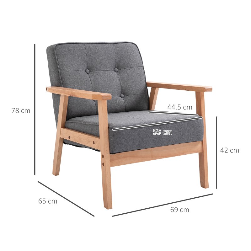 HOMCOM Accent Chair, Linen Fabric Armchair, Occasional Chair with Rubber Wood Frame for Living Room Reception Bedroom Balcony, Grey and Natural