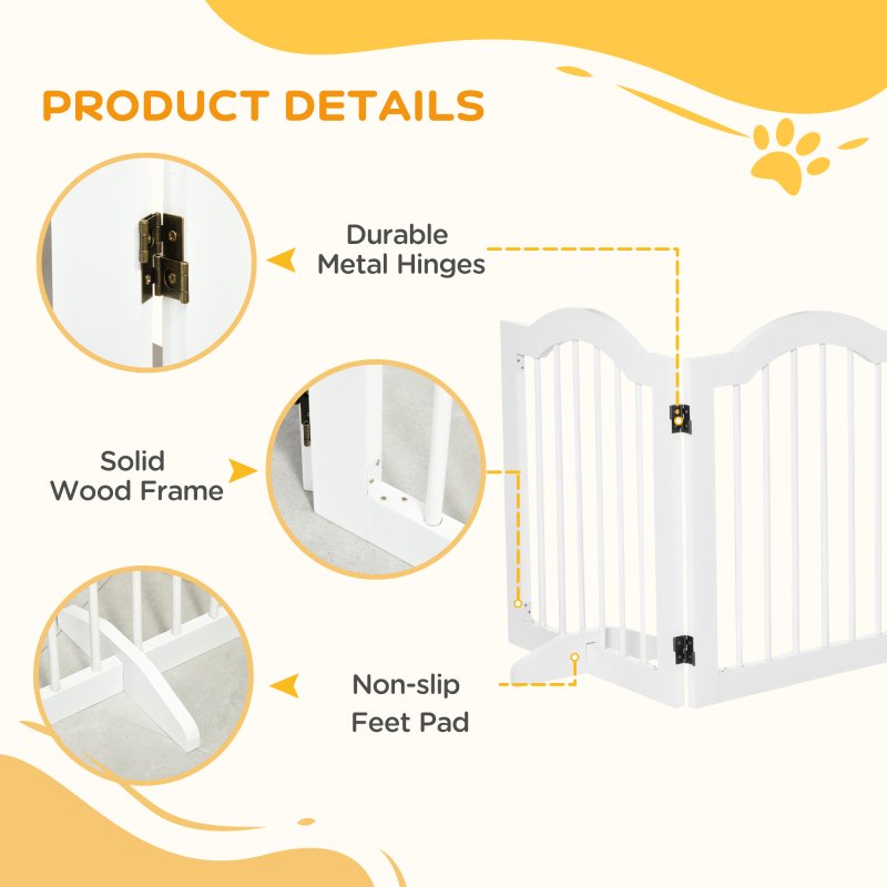 PawHut Freestanding Pet Gate Wooden Dog Gate with Support Feet Foldable Pet Fence Safety Barrier for the House Doorway Stairs White