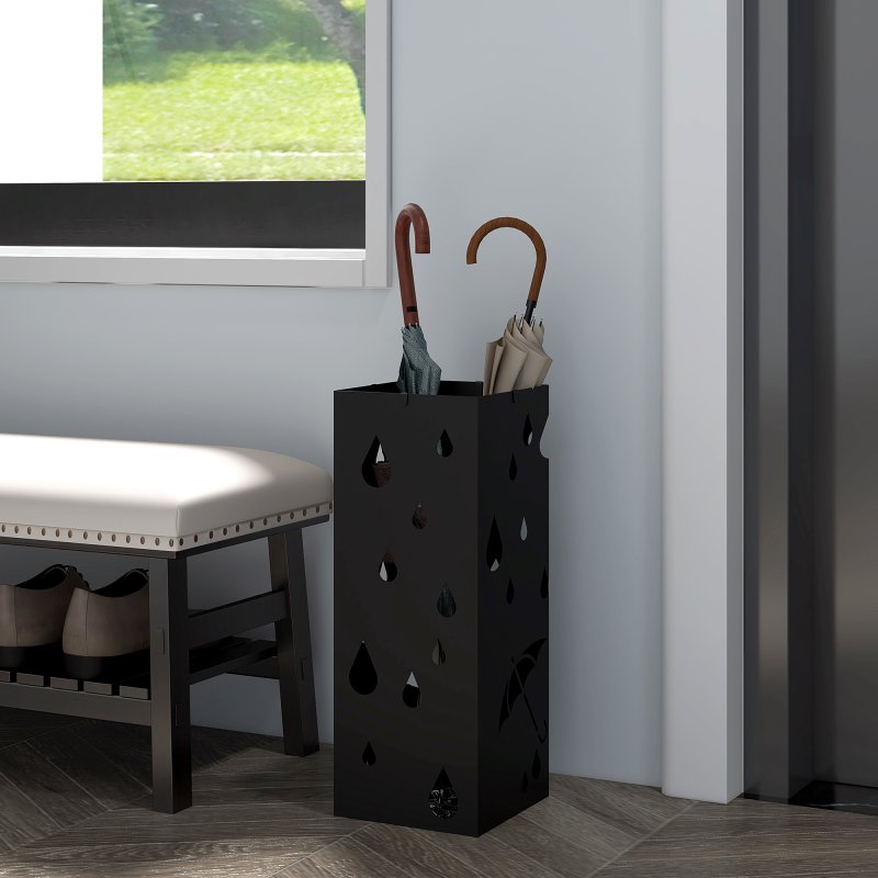 HOMCOM Steel Umbrella Stand, Square Umbrella Holder with 4 Hooks and Removable Drip Tray, Hollowed Umbrella Basket for Hallway
