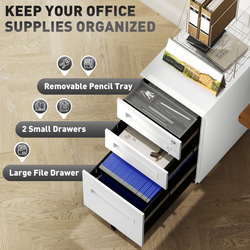 Vinsetto Metal Mobile File Cabinet with Wheels, Lockable 3 Drawer Filing Cabinet for A4, Legal, Letter, Compact Under Desk Storage Unit with Pre-Assembled Body for Home Office, 30 x 43.5 x 60cm, White
