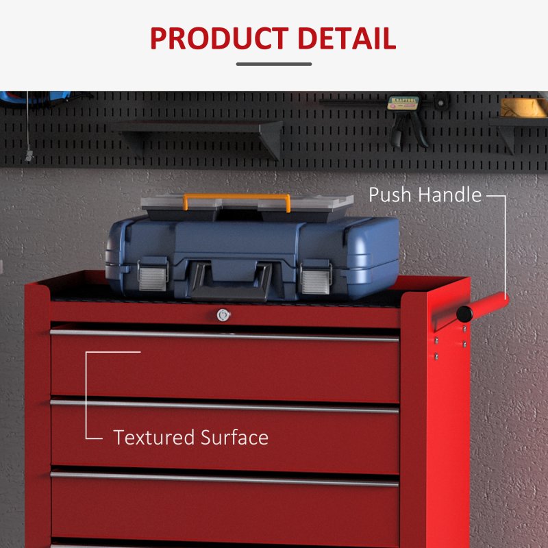 HOMCOM 5 Drawer Tool Box, Lockable Steel Tool Chest on Wheels, Rolling Chest Cabinet with 5 Drawers and Handle for Workshop, Garage, Red