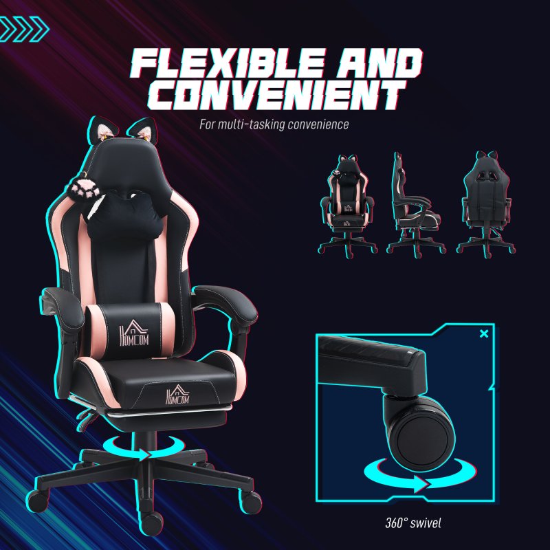 HOMCOM Gaming Chair for Adults with Cat Ears, Reclining Computer Chair with Footrest, Faux Leather Game Chair with Lumbar Support and Headrest, Height Adjustable Swivel PC Chair, Black
