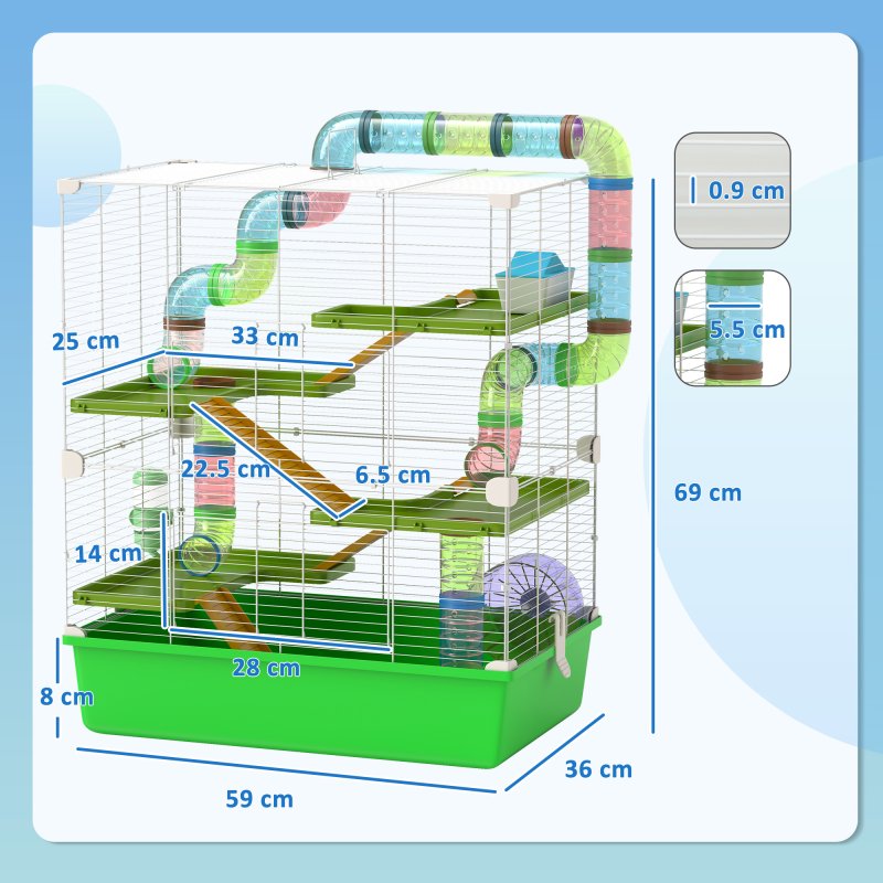 PawHut 5 Tier Hamster Cage, Gerbil Cage with Tube, Water Bottle, Exercise Wheel, Food Dish, 59L x 36W x 69H cm - Green