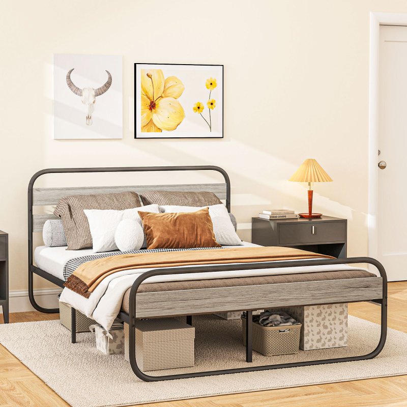 HOMCOM 5ft King Size Bed Frame, Industrial Style Metal Platform Bed Frame with Under Bed Storage, No Box Spring Needed, Easy Assembly, Grey