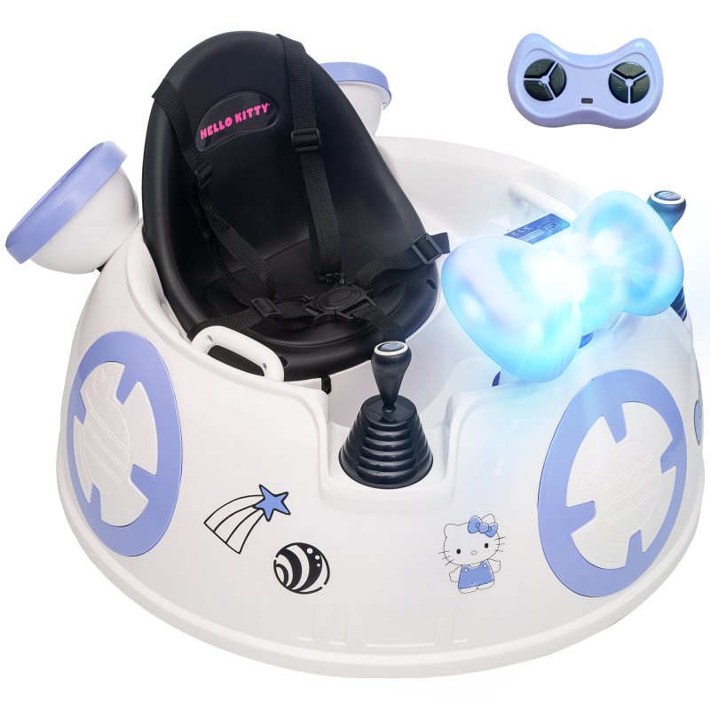 AIYAPLAY Hello Kitty Licensed Kids Bumper Car with Remote Control, 360° Rotation Spin Electric Ride On Waltzer Car with Dual Joysticks, Music, Lights, Safety Belt, for 1.5-5 Years Old, White