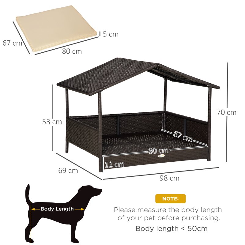 PawHut Wicker Dog Bed, Elevated Rattan Dog House with Removable Cushion and Canopy, for Small and Medium Dogs, 98 x 69 x 70cm - Cream