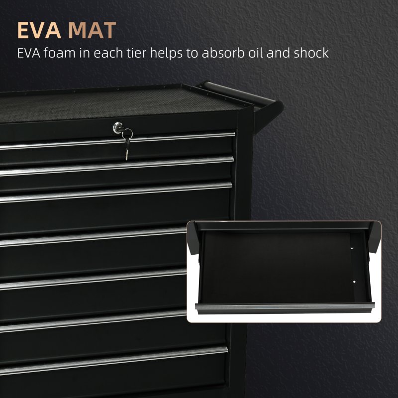 DURHAND 7-Drawer Rolling Tool Chest on Wheels, Lockable Tool Cabinet with Side Handle, Metal Tool Box Trolley for Garage, Workshop, Matte Black
