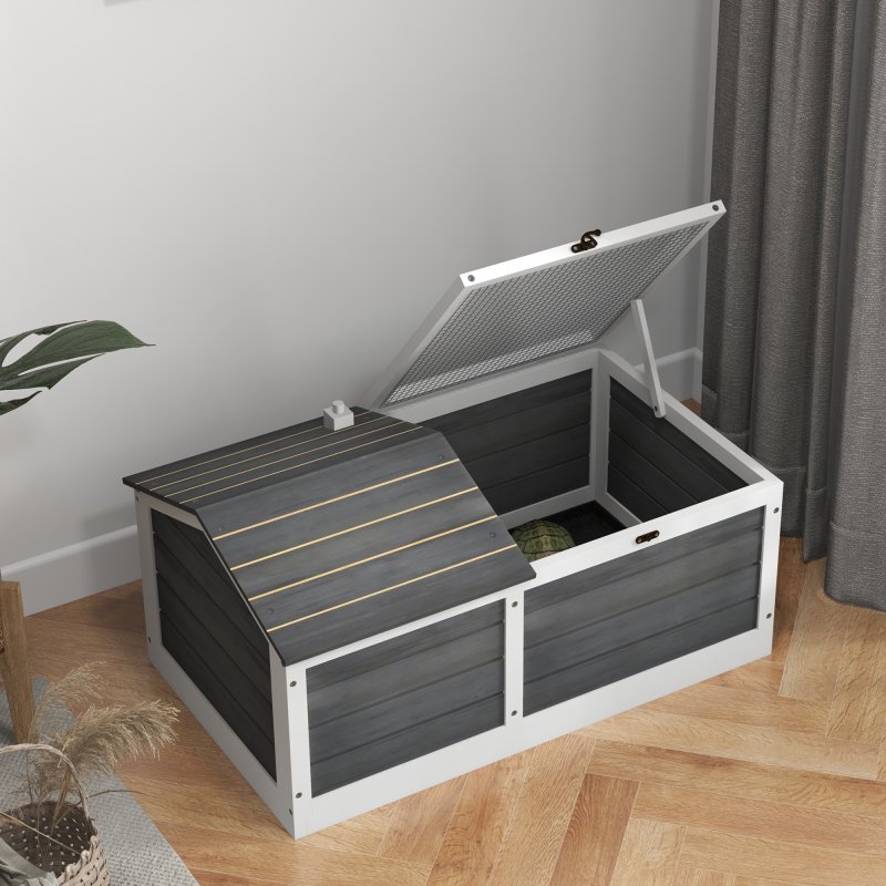 PawHut Wooden Tortoise House, Tortoise Table with Hide Shelter Run, Openable Top, Tray, Dark Grey