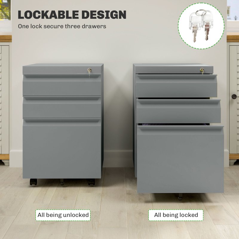 Vinsetto 3-Drawer Filing Cabinet with Lock, Mobile Steel File Cabinet for A4, Legal and Letter Size, Under Desk Drawers with Pre-Assembled Body for Home Office, 39 x 48 x 60 cm, Grey