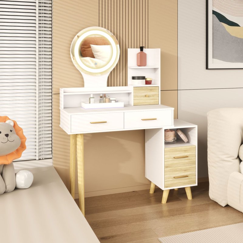 HOMCOM Dressing Table with Mirror, Vanity Table with Adjustable LED Lights, Makeup Desk with 5 Drawers and 5 Shelves, White
