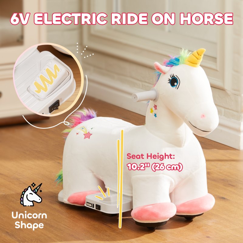 AIYAPLAY 6V Electric Ride on Unicorn, Battery Powered Kids Ride on Animal Toy with Music, Forward Control, for Ages 18-36 Months, White