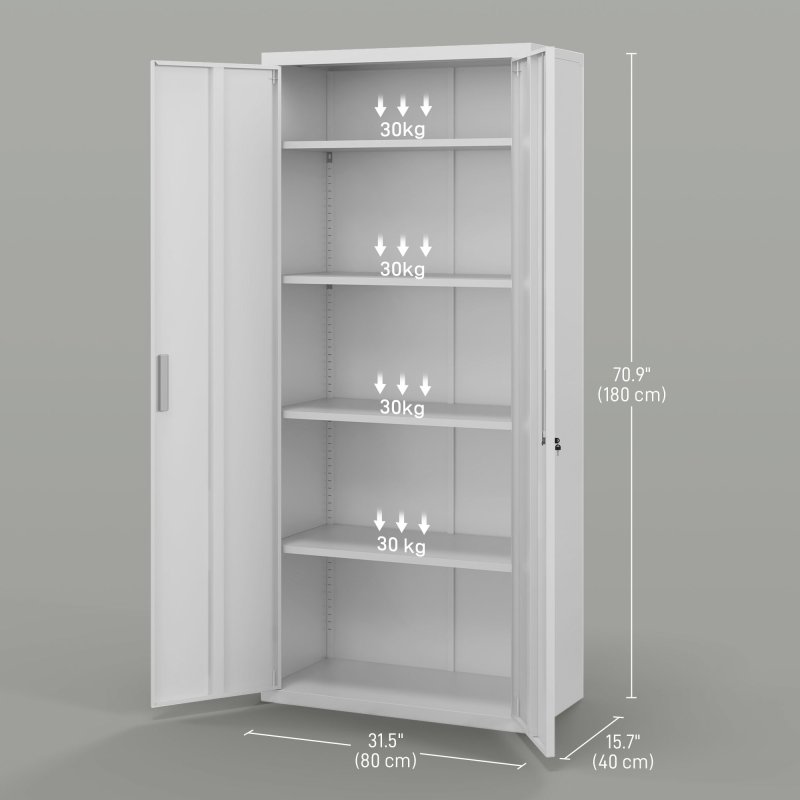 HOMCOM 5-Tier Metal Office Storage Cupboard, Lockable File Cabinet with 2 Doors and 4 Adjustable Shelves, for Home Office, Garage, White