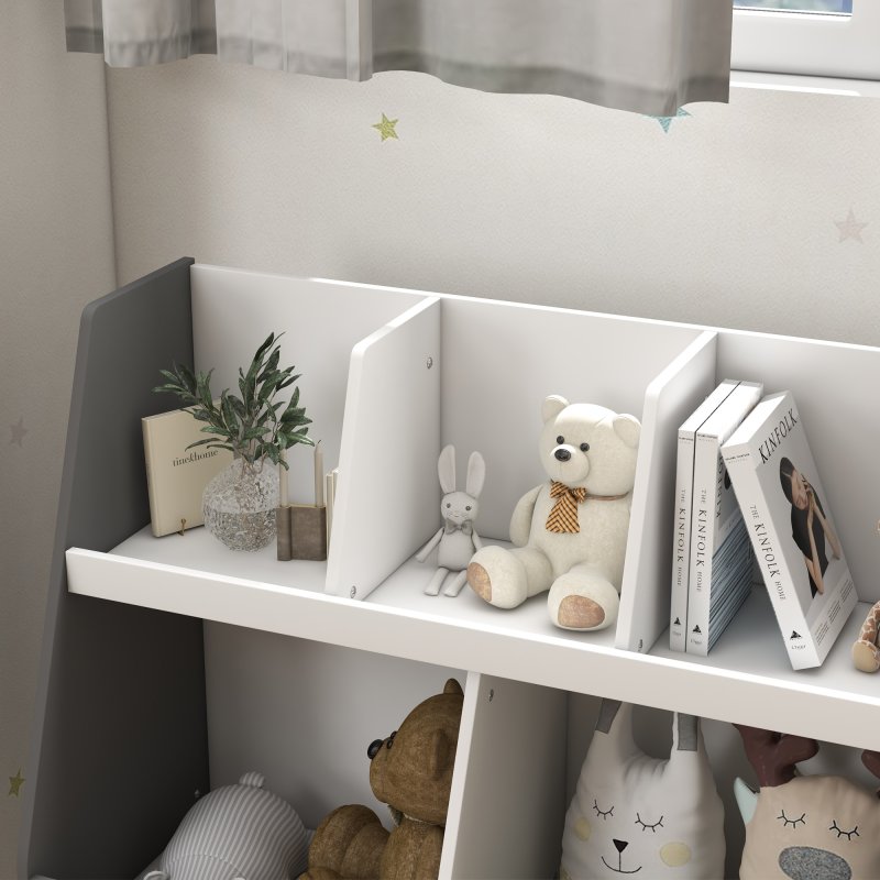 HOMCOM Kids Storage Shelf, 2-Tier Kids Book Shelf with 5 Compartments, Anti-Tip Device, Pine Wood Legs, for Nursery, Playroom, Classroom - Grey