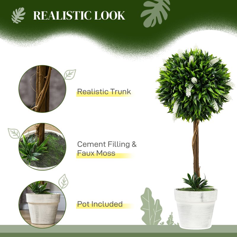 HOMCOM Set of 2 Decorative Artificial Plants Ball Trees with Lavender Flowers in Pot Fake Plants for Home Indoor Outdoor Decor, 60cm, White