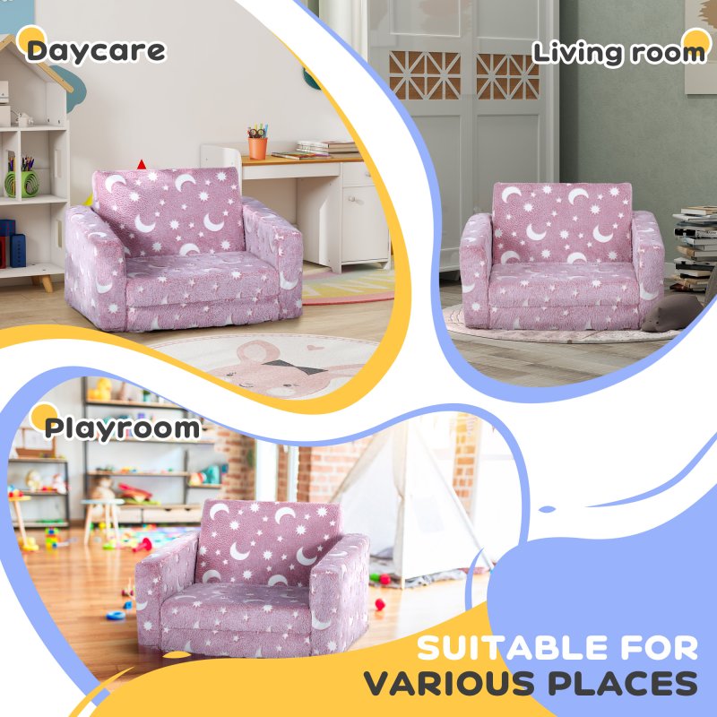 AIYAPLAY Kids Sofa Bed, 2 in 1 Kids Folding Bed Toddler Armchair with Glow in The Dark Stars Design, Washable Cushion and Cover, Convertible Kid Chair to Lounger for 1.5-3 Years Old, 1 Seater, Pink
