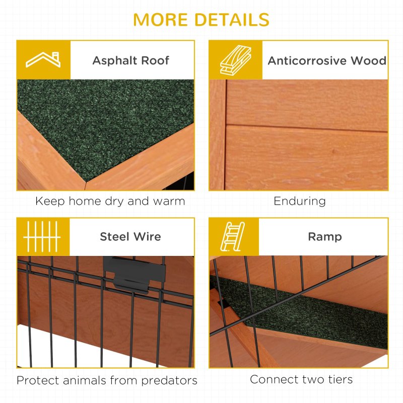 PawHut Rabbit Hutch Guinea Pig Hutch Wooden with No-Leak Tray, Asphalt Roof, Antiseptic Wood Outdoor for 1-2 Rabbits 120 x 50 x 92cm - Orange