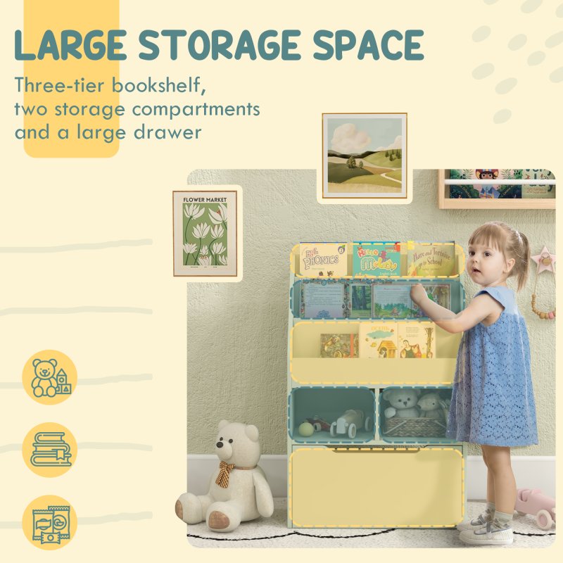 HOMCOM Kids Bookshelf with Storage Drawer, Children's Bookcase with Wheels, Toy Organiser for Bedroom, Playroom - Green