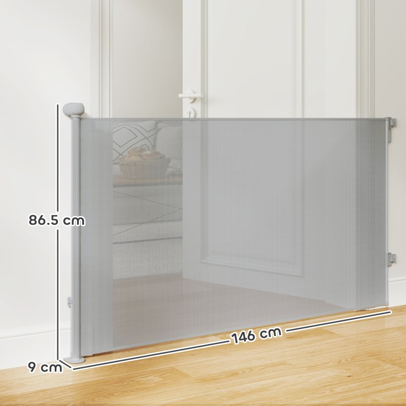 PawHut Retractable Stair Gate for Dogs, Extra Wide Dog Gate Extends Up to 140 cm Wide, 86.5 cm Tall, for Doorways, Stairways, Hallways, Indoor and Outdoor, Grey
