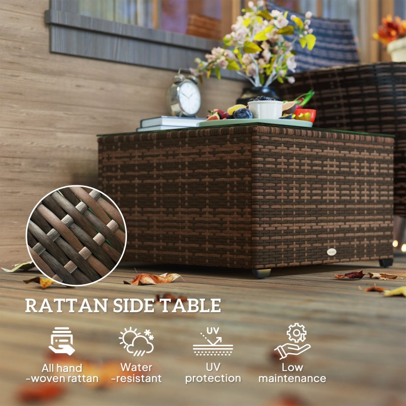 Outsunny Outdoor Coffee Table, PE Rattan Side Table with Tempered Glass Top, Wicker Square Garden Coffee Table End Table with Steel Frame for Patio, Balcony, 60 x 62 x 38cm, Brown