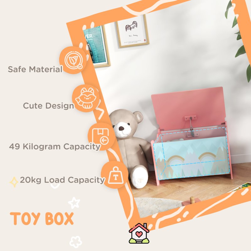 ZONEKIZ Toy Box, Kids Toy Chest with Lid, Safety Hinge, Cute Design - Pink