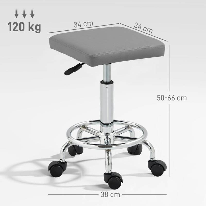 HOMCOM Square Rolling Stool, Height Adjustable PU Leather Salon Chair with Padded Seat and Foot Rest, Swivel Beauty Stool on Wheels for Spa Drafting Salon Tattoo Work Massage, Grey