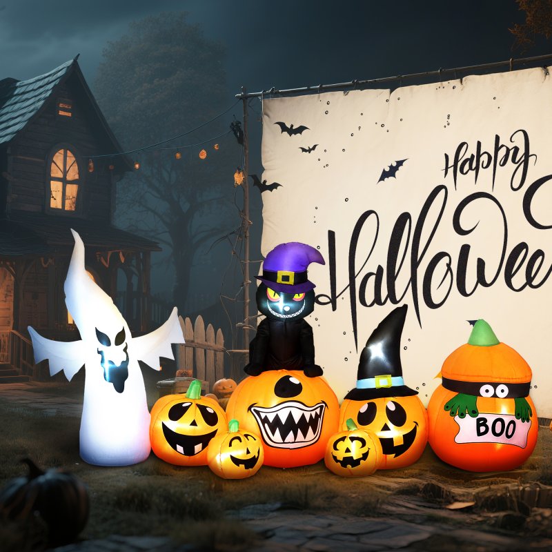 Outsunny 8 FT Halloween Inflatables Pumpkin Ghost and Cat Combo, Outdoor Halloween Decorations with 9 Built-in LEDs, Self-Inflating Blow Up Decor for Garden Party