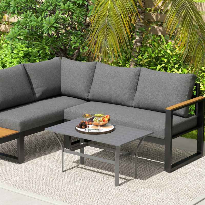 Outsunny Metal Garden Coffee Table, Rectangular Outdoor Side Table with Slatted Tabletop, Foot Pads for Outside, Garden, Balcony, Porch, 91.5 x 55 x 45cm, Dark Grey