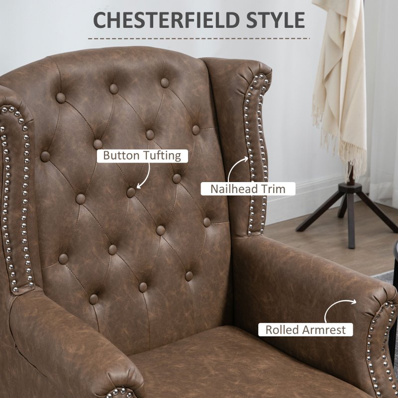 HOMCOM Wingback Armchair, PU Leather Fireside Chair, Button Tufted Accent Chair  for Living Room, Bedroom, Home Office