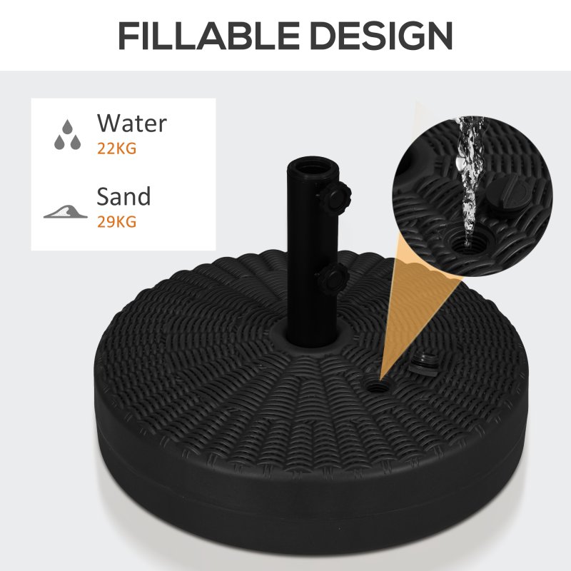 Outsunny Garden Parasol Base with Rattan Effect, 22kg Water or 29kg Sand Filled, Heavy Duty HDPE Umbrella Stand, Fillable Parasol Stand for 38mm, 48mm Poles, Black