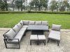 Fimous 9 Pieces Aluminium Garden Furniture Set with Cushions, Patio Furniture Set with Adjustable Rising Lifting Dining Table 2 Big Footstools Dark Grey