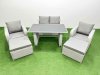 Fimous Outdoor Rattan Garden Furniture Dining Set 6-seater Patio Rectangular Table Love Sofa Reclining Chair Set with 2 Big Stools