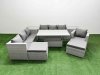 Fimous 7 PCs Rising Dining Table Set Rattan Furniture Set with 3 Seater Sofa Chair 2 Big Footstool 2 Side Tables Light Grey