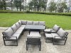Fimous L-shaped Garden Furniture Set 12-Seater Aluminium Outdoor Dining Set with Adjustable Rising Lifting Dining Table 3 Footstools 2 Chairs Dark Grey