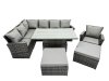 Fimous Poly Rattan Outdoor Patio Height Adjustable Rising Lifting Table Corner Sofa Set with 2 Big Stool,Chair for Garden Backyard Dark Grey Mixed
