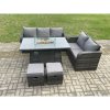 Fimous PE Wicker Outdoor Rattan Garden Furniture Set Propane Gas Fire Pit Table and Sofa set with 2 Small Footstools