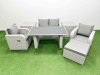 Fimous Outdoor Rattan Garden Furniture Dining Set 5-seater Patio Rectangular Table Love Sofa Reclining Chair Set with 2 Side Tables Big Stool