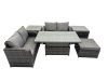 Fimous 5-seater Patio Height Adjustable Rising Lifting Table Sofa Sets Rattan Garden Furniture Dining Set with Big Stool 2 Side Tables Dark Grey Mixed