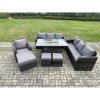 Fimous 10 Seater Wicker Rattan Garden Furniture Set Gas Fire Pit Dining Table Reclining Chair 3 Seater Sofa Set Indoor Outdoor with 3 Footstools