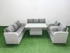 Fimous PE Rattan High Back Lounge Sofa Set Patio Adjustable Lifting Dining or Coffee Table & Chairs Set with 3 Seater Sofa Reclining Chair Side Table Light Grey