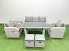 Fimous Outdoor Rattan Garden Furniture Dining Set 7-seater Patio Rectangular Table 3 Seater Sofa Reclining Chair Set with Side Table 2 Small Stools