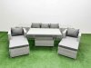 Fimous 8 PCs Rising Dining Table Set Rattan Furniture Set with 3 Seater Sofa Chair 2 Big Footstools 2 Side Tables Light Grey