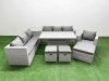 Fimous 7 PCs Rising Dining Table Set Rattan Furniture Set with 3 Seater Sofa Chair 3 Footstools Side Table Light Grey