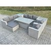 Fimous Rattan Garden Funiture Set Height Adjustable Rising Lifting Table Sofa Dining Set Lounge Chair 2 Side Table Footstool
