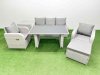 Fimous Outdoor Rattan Garden Furniture Dining Set 6-seater Patio Rectangular Table 3 Seater Sofa Reclining Chair Set with Side Table Big Stool