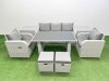 Fimous Outdoor Rattan Garden Furniture Dining Set 7-seater Patio Rectangular Table 3 Seater Sofa Reclining Chair Set with 2 Side Tables 2 Small Stools