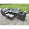 Fimous Dark Grey PE Wicker Rattan Garden Furniture Set Reclining Chair Love Sofa 2 Seater Sofa Set Outdoor Rectangular Dining Table 2 Stools 5 Seater