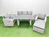 Fimous Outdoor Rattan Garden Furniture Dining Set 6-seater Patio Rectangular Table 3 Seater Sofa Reclining Chair Set with 2 Side Tables Big Stool