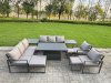 Fimous 9 Piece Garden Furniture Set 11-Seater Aluminium Outdoor Dining Set with Adjustable Rising Lifting Dining Table & Cushions Side Table 3 Footstools Dark Grey